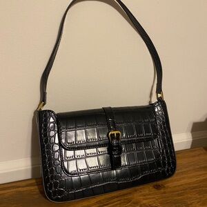 By Far Elegant Black Crocodile-Embossed Shoulder Bag